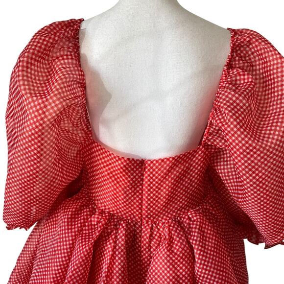 Selkie The Baby Gingham Puff Dress Sleeve Check Red Mini Princess Size L - Picture 9 of 10